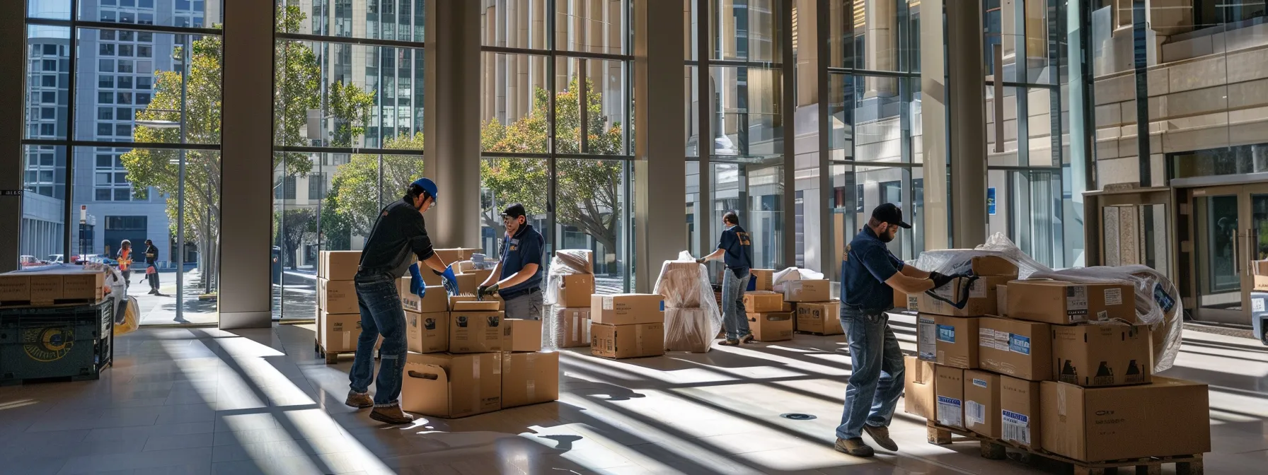a group of professional office movers expertly handling desks and office equipment with precision in the bustling cityscape of downtown san francisco. a group of professional office movers expertly handling desks and office equipment with precision in the bustling cityscape of downtown san francisco.