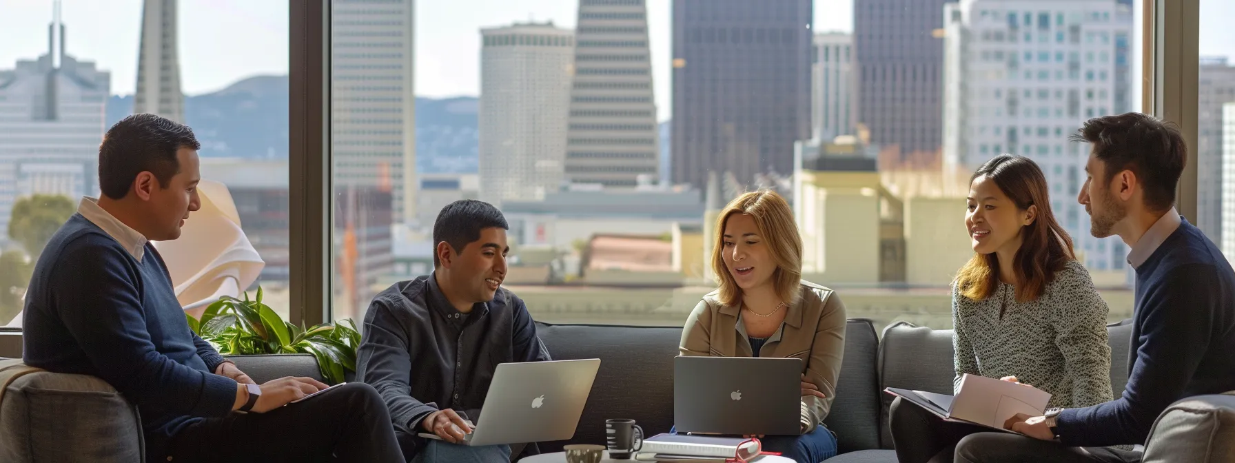 a group of professionals coordinating the logistics of a business relocation in downtown san francisco, under the bustling city skyline. a group of professionals coordinating the logistics of a business relocation in downtown san francisco, under the bustling city skyline.