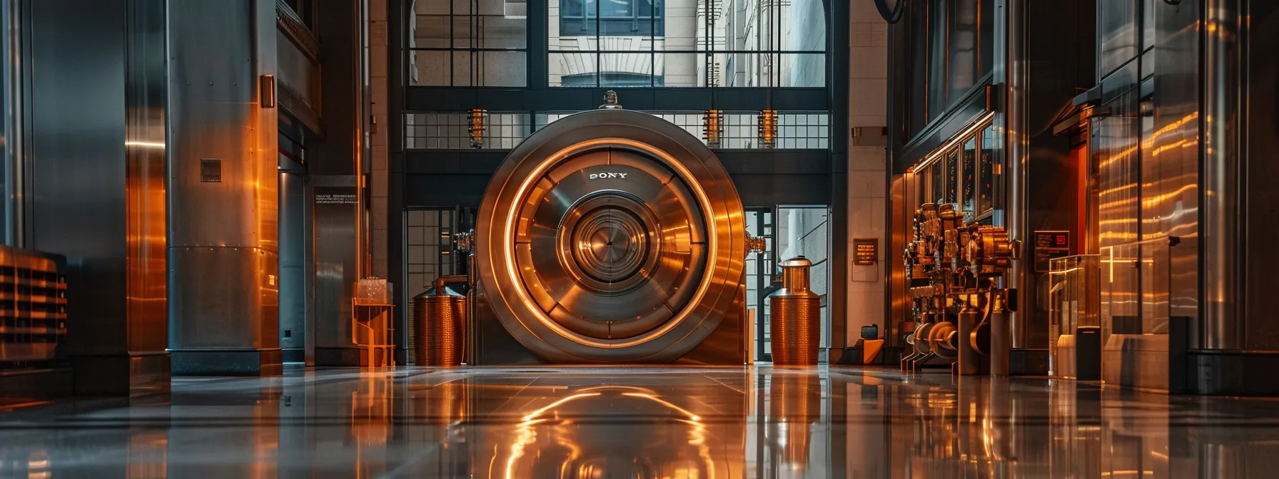a high-tech security vault gleaming in the heart of downtown san francisco, safeguarding valuables for residential and commercial clients alike.