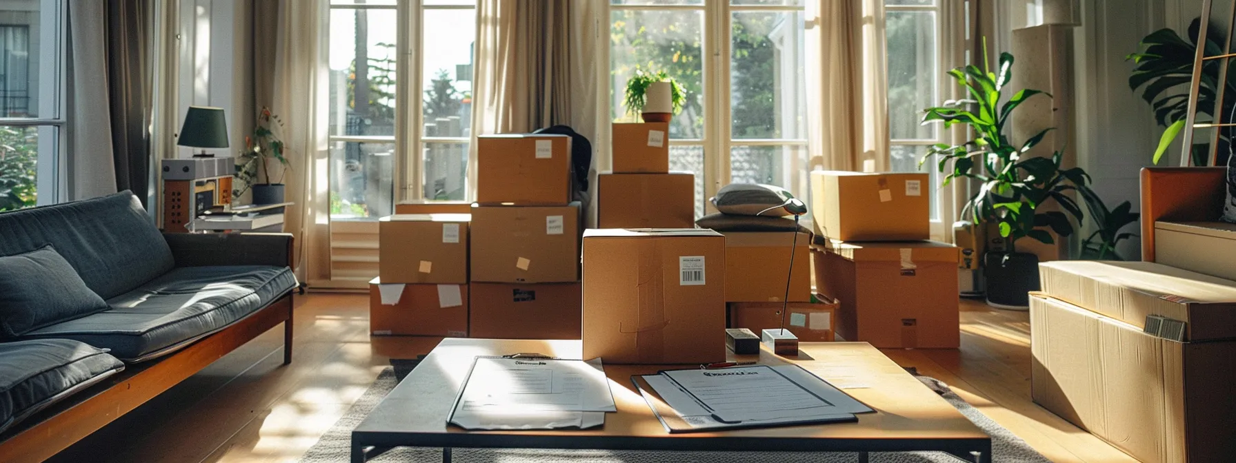 a living room filled with labeled moving boxes, a checklist, and a contract laid out on the table, ready for the final steps before moving day. a living room filled with labeled moving boxes, a checklist, and a contract laid out on the table, ready for the final steps before moving day.