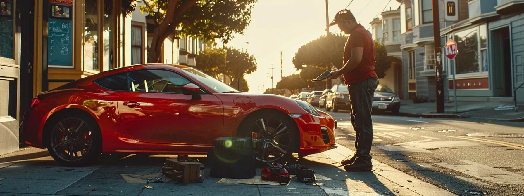 a mechanic inspecting a shiny red car parked on a sunlit san francisco street, surrounded by a map and travel essentials.
