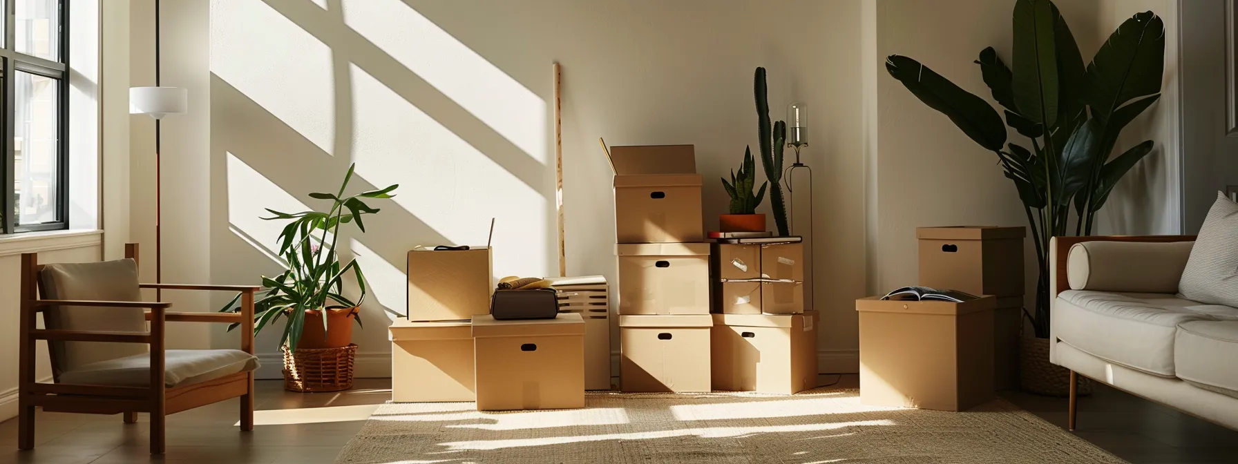 a minimalist living room in san francisco with neatly organized items, a stack of donation boxes ready to go, and a checklist on a table.