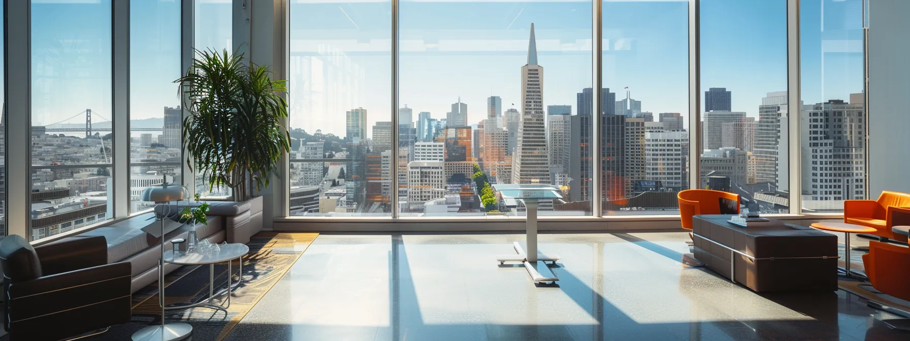 a modern moving company office with sleek signage and a skyline view of san francisco in the background.