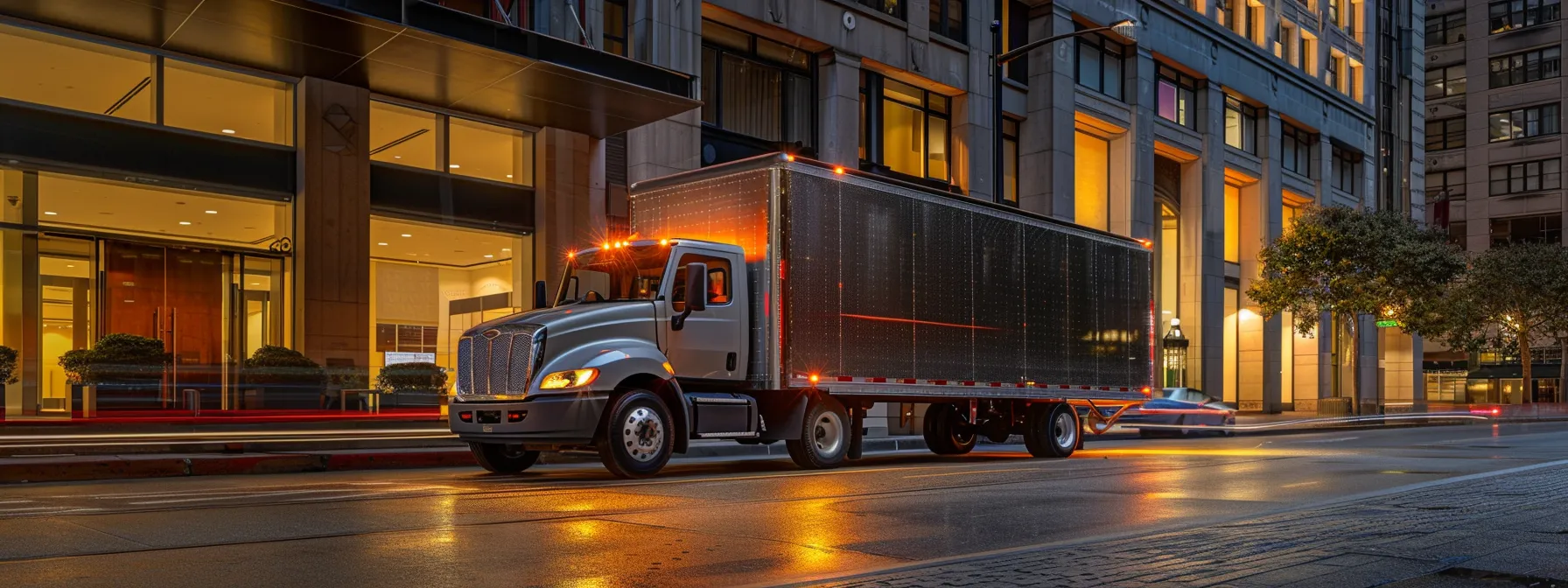 a modern moving truck parked in downtown san francisco, equipped with state-of-the-art security features and specialized equipment to handle valuable assets during office relocations. a modern moving truck parked in downtown san francisco, equipped with state-of-the-art security features and specialized equipment to handle valuable assets during office relocations.