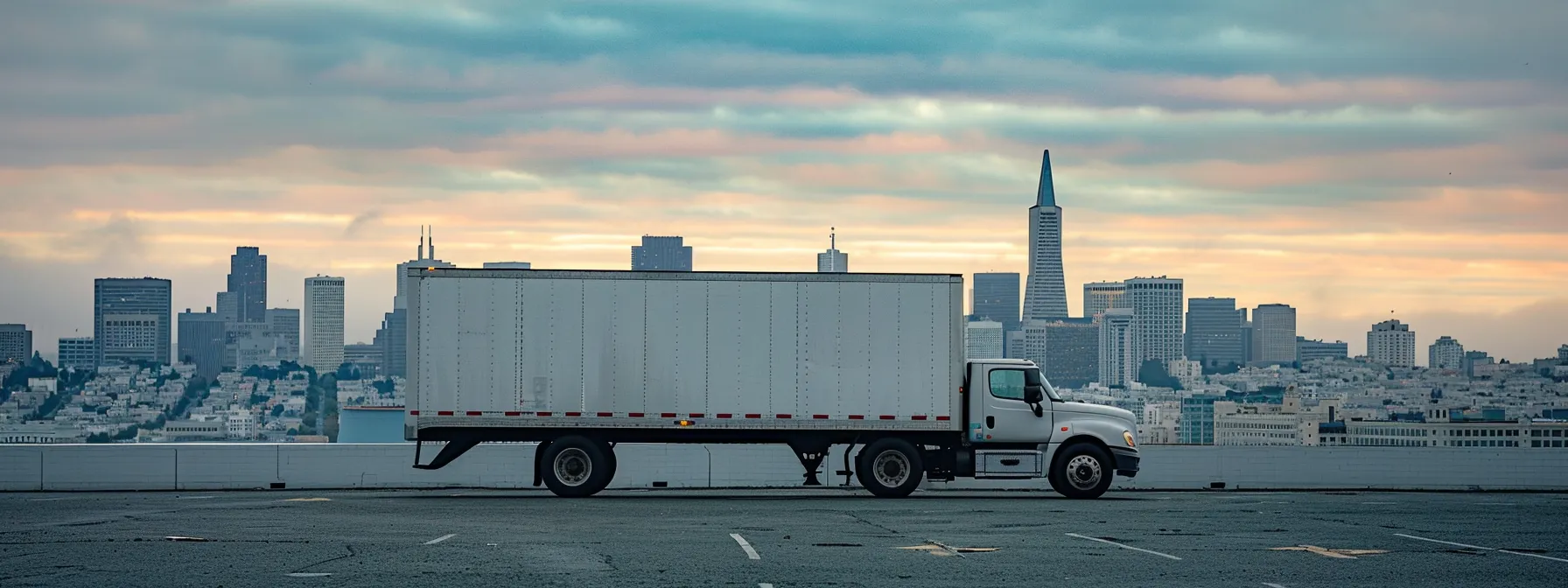 a modern moving truck parked in downtown san francisco with the city skyline in the background. a modern moving truck parked in downtown san francisco with the city skyline in the background.