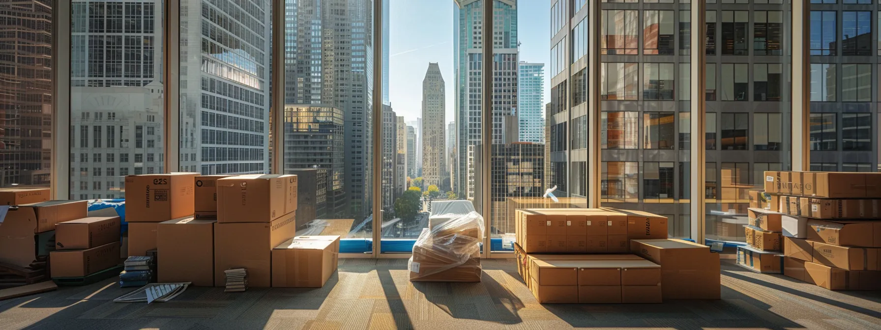 a modern office space being carefully packed and labeled for a move, with tall skyscrapers and cityscape visible through the window in downtown san francisco. a modern office space being carefully packed and labeled for a move, with tall skyscrapers and cityscape visible through the window in downtown san francisco.