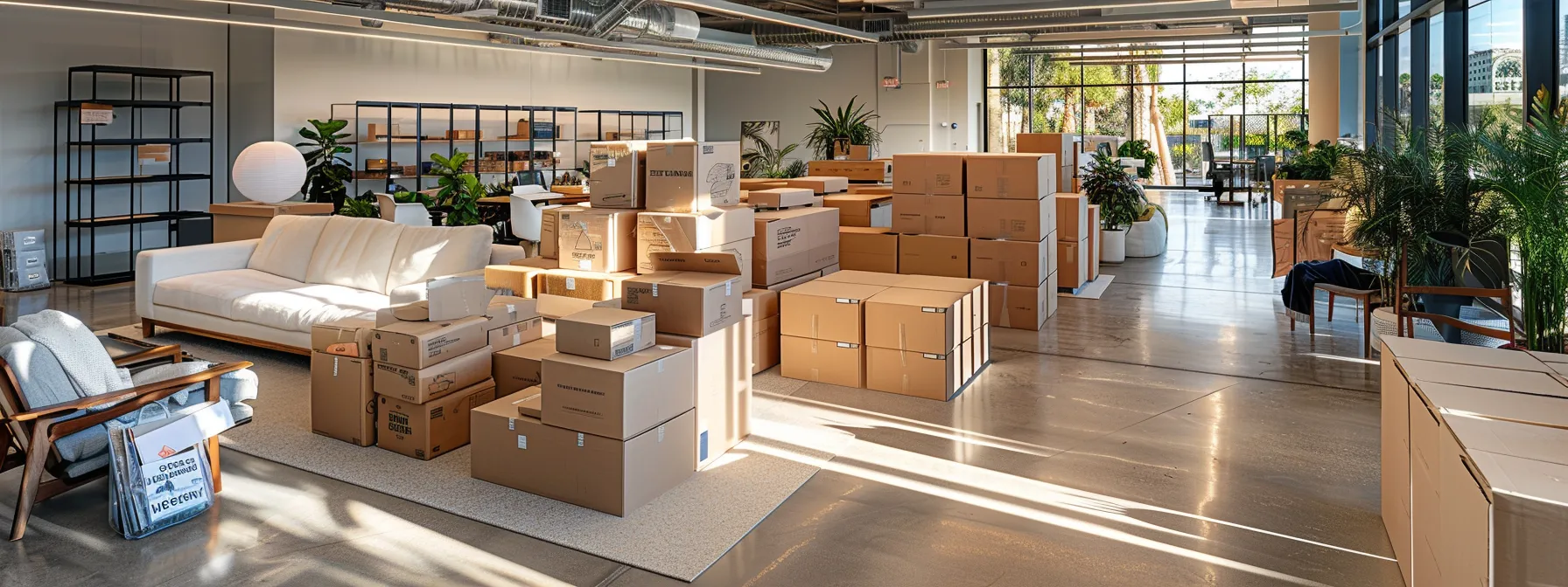 a modern office space in irvine, ca cluttered with moving boxes and equipment as professional movers efficiently pack and organize for relocation. a modern office space in irvine, ca cluttered with moving boxes and equipment as professional movers efficiently pack and organize for relocation.