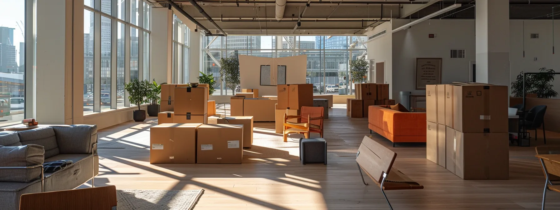 a modern office with sleek furniture and moving boxes, ready to be relocated in downtown san francisco. a modern office with sleek furniture and moving boxes, ready to be relocated in downtown san francisco.