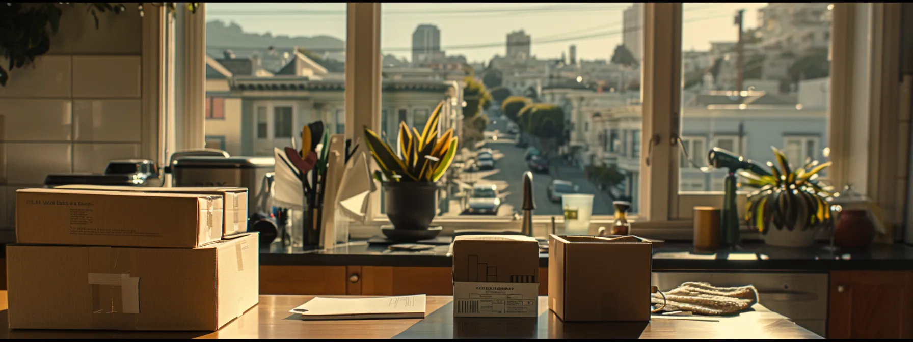 a moving checklist and timeline laid out on a kitchen table with a stack of moving boxes in the background, overlooking the bustling streets of downtown san francisco.