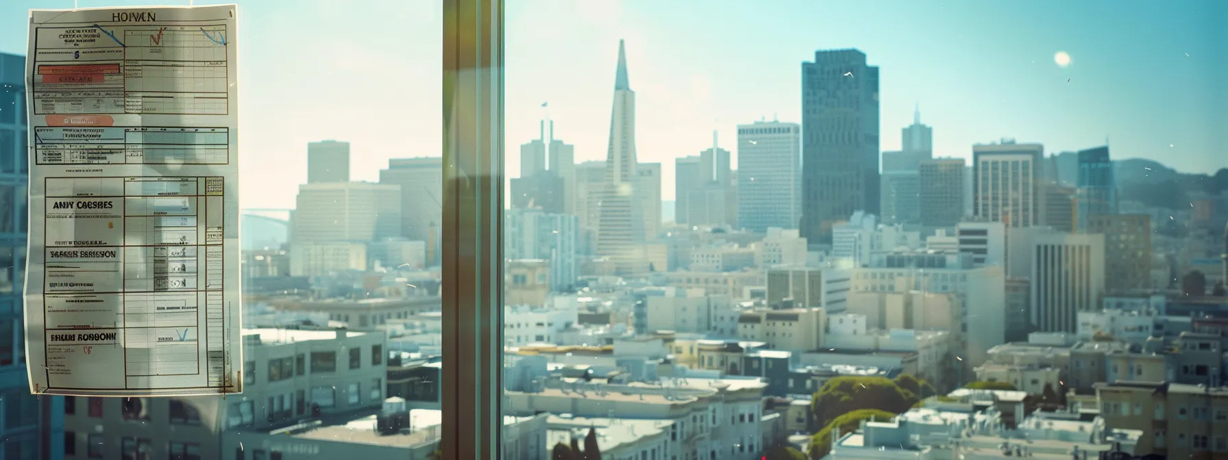 a moving checklist pinned to a bulletin board with a skyline view of downtown san francisco in the background.