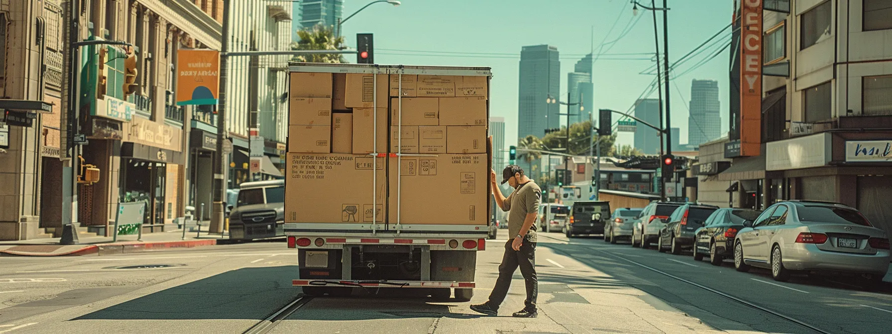 a moving company employee carefully loading boxes into a truck, with a bustling los angeles street in the background. a moving company employee carefully loading boxes into a truck, with a bustling los angeles street in the background.