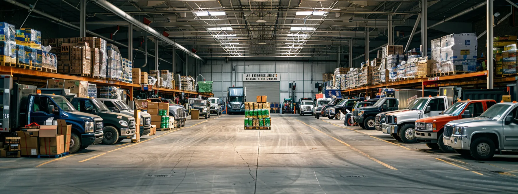 a moving company garage filled with rows of fuel-efficient vehicles, employees sorting recycling bins, and stacks of sustainable packing materials, all under a banner promoting environmental responsibility.