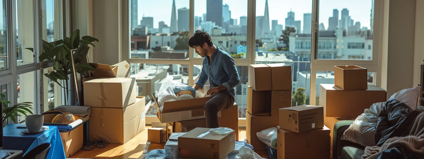 a moving company staff member carefully packing fragile items in a san francisco apartment, surrounded by moving boxes and a panoramic view of the city skyline in the background.