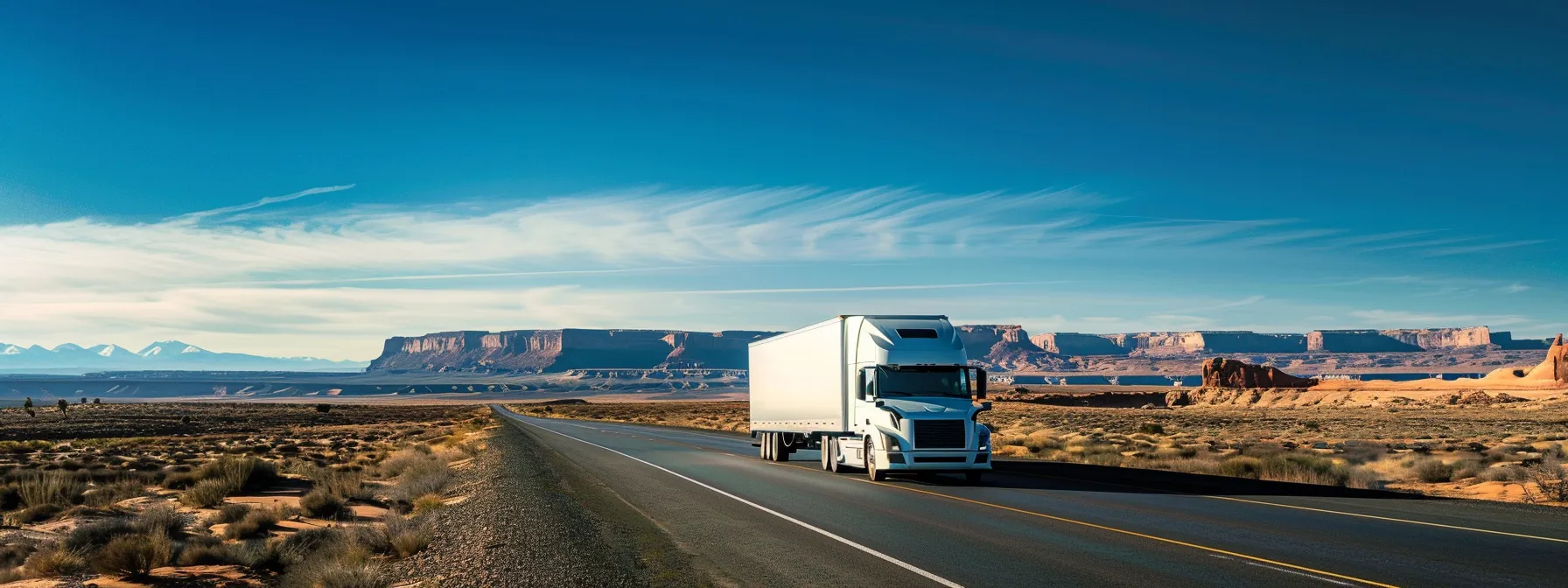 a moving company truck driving across the vast desert landscape with a clear blue sky above.
