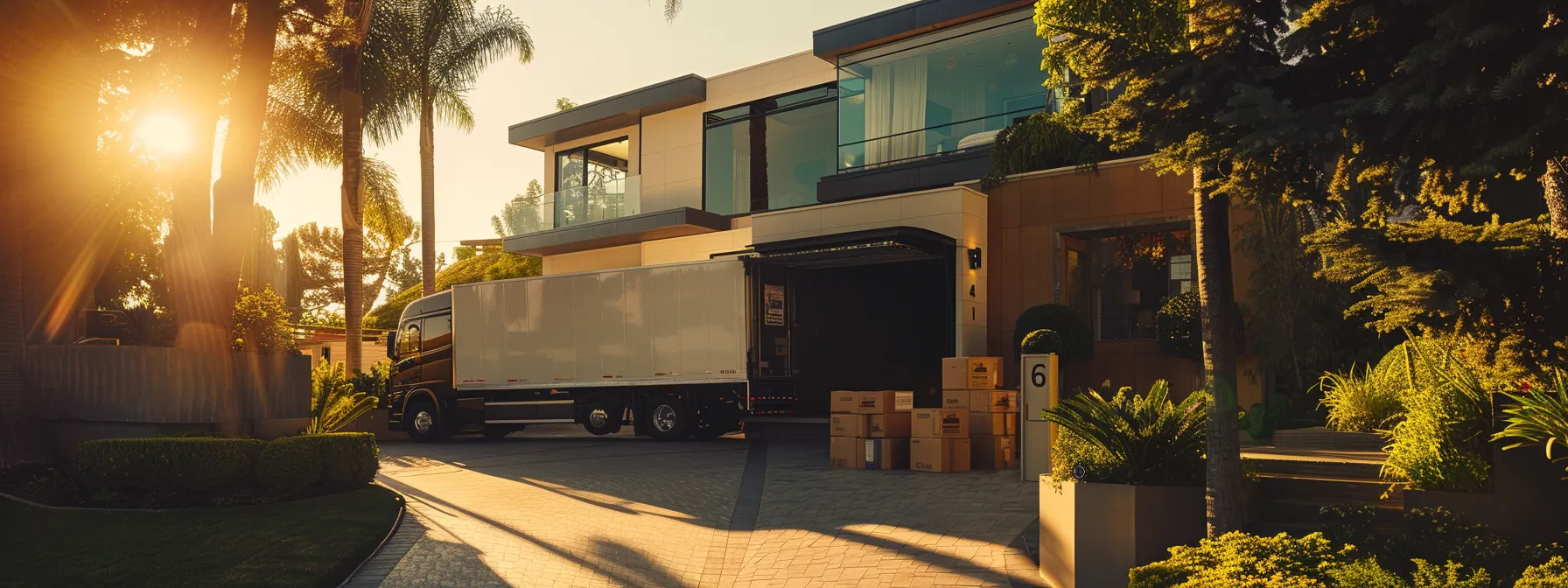 a moving company truck parked outside a modern home in irvine, ca, showcasing a team of professional movers unloading boxes into the house. a moving company truck parked outside a modern home in irvine, ca, showcasing a team of professional movers unloading boxes into the house.