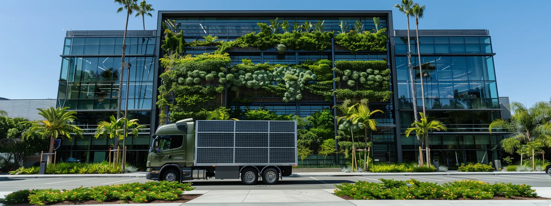 a moving truck adorned with vibrant green leaves and solar panels parked in front of a sleek modern office building in orange county. a moving truck adorned with vibrant green leaves and solar panels parked in front of a sleek modern office building in orange county.