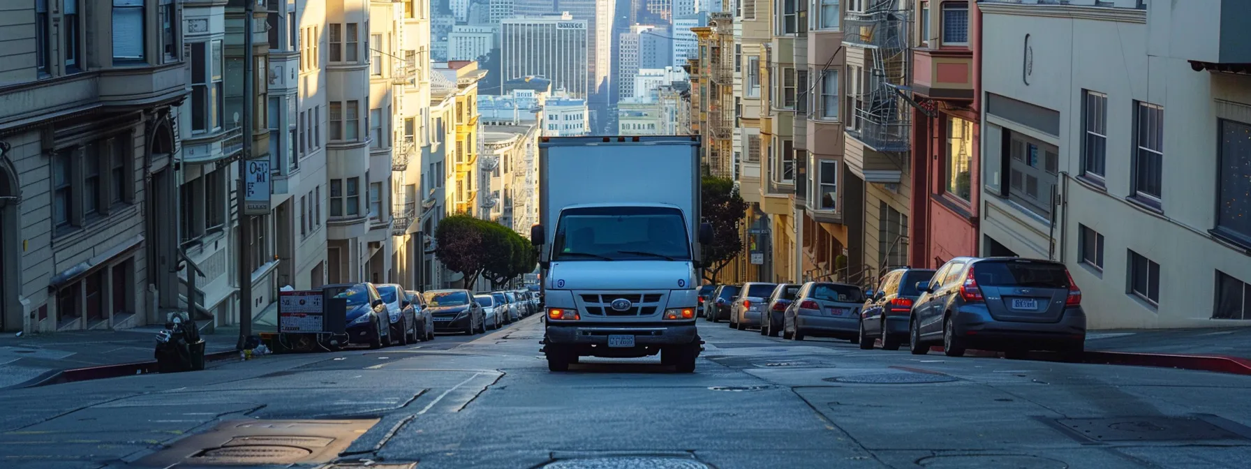 a moving truck cautiously maneuvering up a steep, narrow street in downtown san francisco, surrounded by high-rise and walk-up apartment buildings, facing the challenges of limited parking and tight logistics.