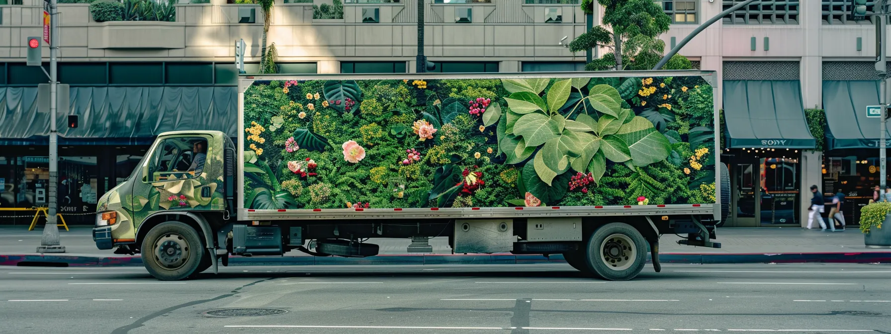 a moving truck decorated with vibrant green leaves and flowers driving through the bustling streets of los angeles, showcasing eco-friendly moving options. a moving truck decorated with vibrant green leaves and flowers driving through the bustling streets of los angeles, showcasing eco-friendly moving options.