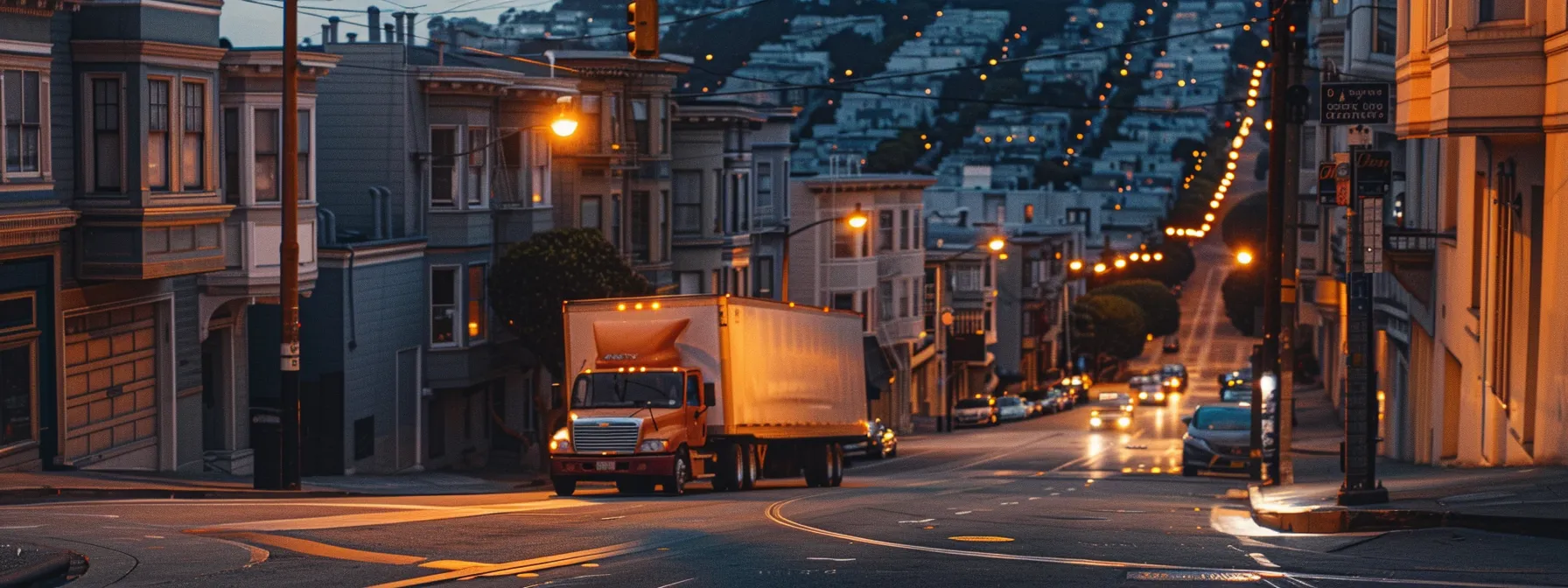 a moving truck expertly navigating the hilly streets of downtown san francisco, showcasing the benefits of local expertise in city moves.