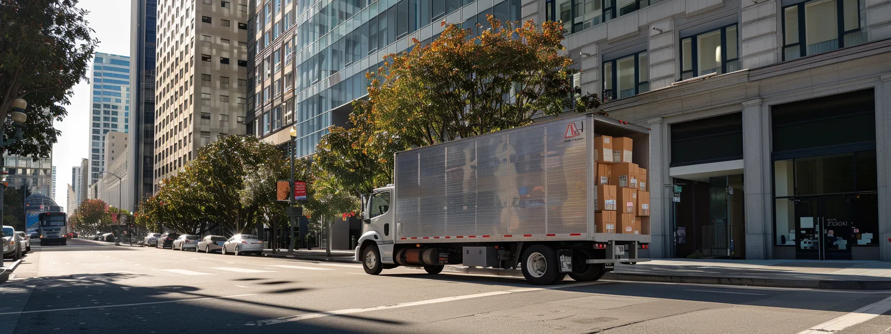a moving truck filled with carefully wrapped and labeled boxes parked in front of a sleek high-rise building in downtown san francisco.