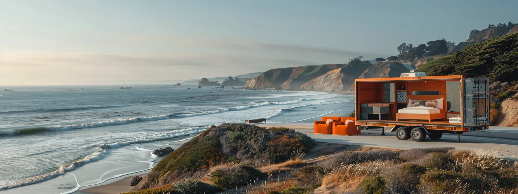 a moving truck loaded with furniture driving on the scenic pacific coast highway from san francisco to southern california, passing by iconic beach views.