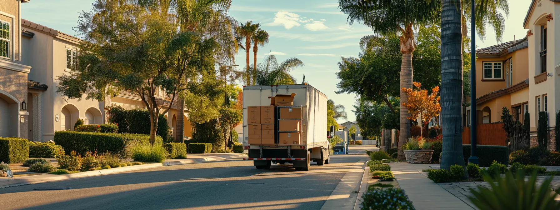 a moving truck loaded with boxes and furniture driving through a picturesque residential street in irvine, ca.