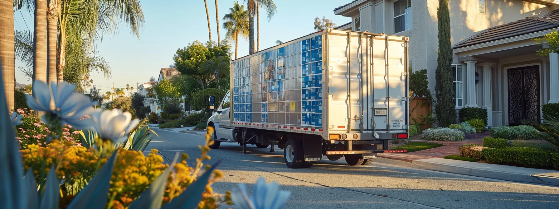 a moving truck loaded with biodegradable packing materials, parked outside a bustling eco-conscious moving company in orange county. (scene of: green moving solutions) a moving truck loaded with biodegradable packing materials, parked outside a bustling eco-conscious moving company in orange county. (scene of: green moving solutions)
