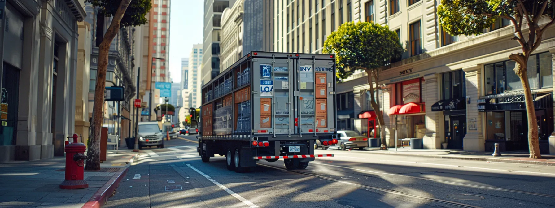 a moving truck loaded with biodegradable boxes and recycling bins, parked in downtown san francisco, showcasing eco-friendly moving practices in action.