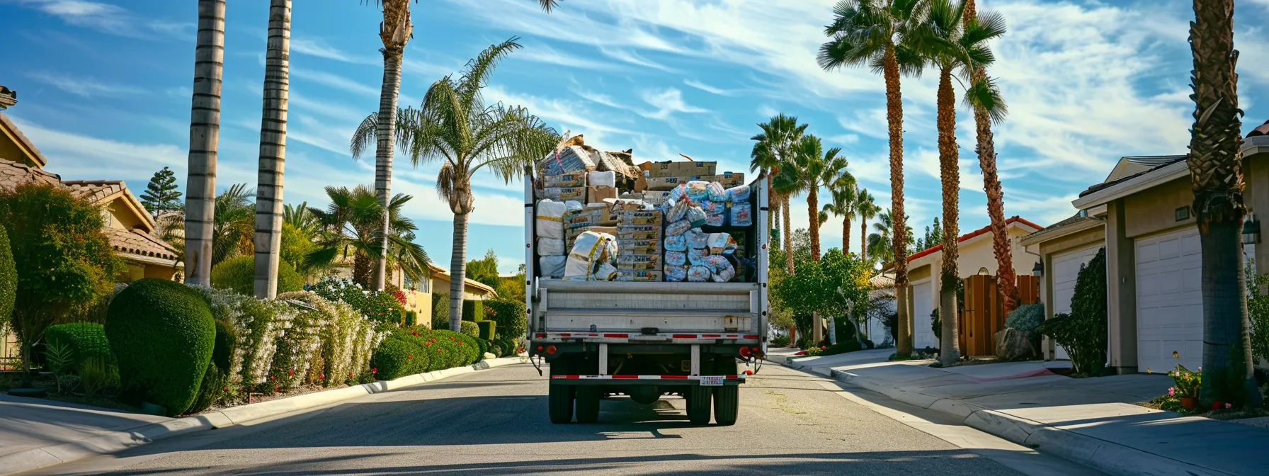 a moving truck loaded with recyclable materials parked in a sunny orange county driveway.