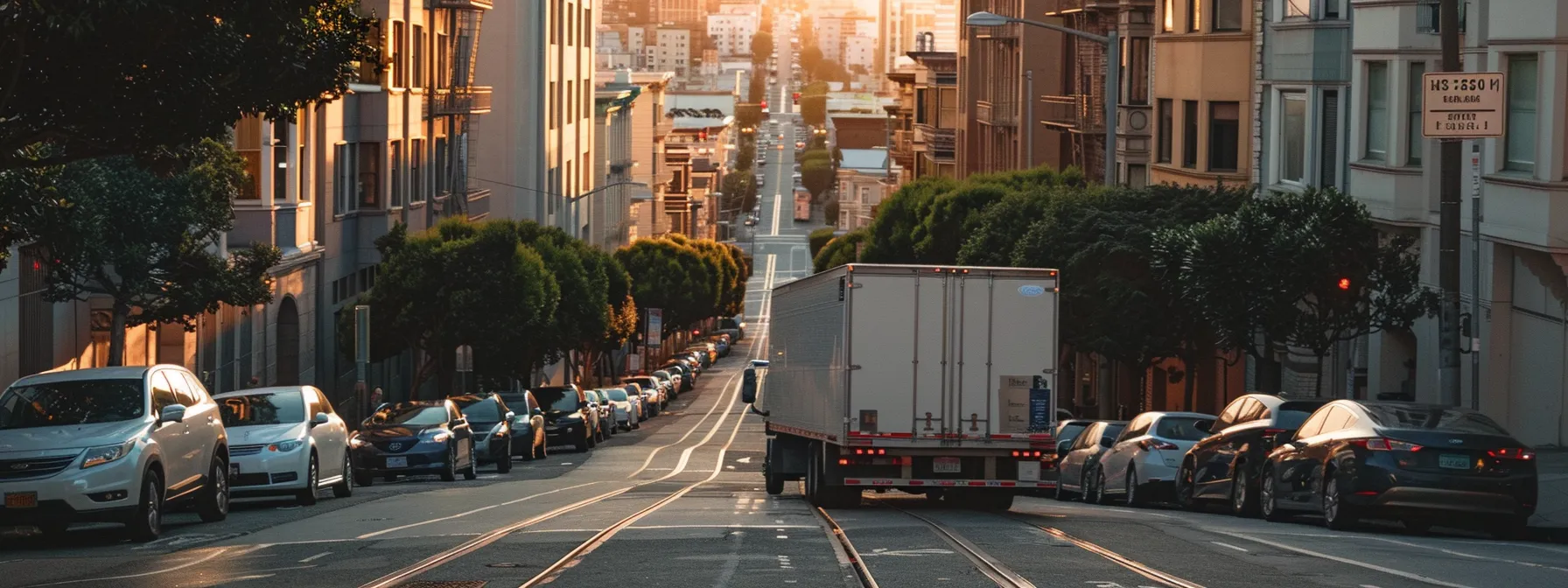a moving truck maneuvering through the narrow, hilly streets of san francisco, carefully avoiding street restrictions and peak traffic times, showcasing the unique challenges of relocating in the city.