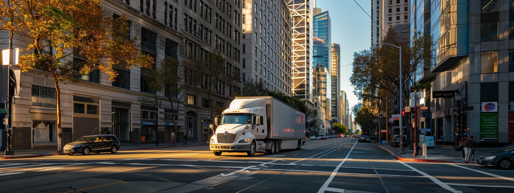 a moving truck navigating the bustling streets of downtown san francisco, surrounded by skyscrapers and city life.