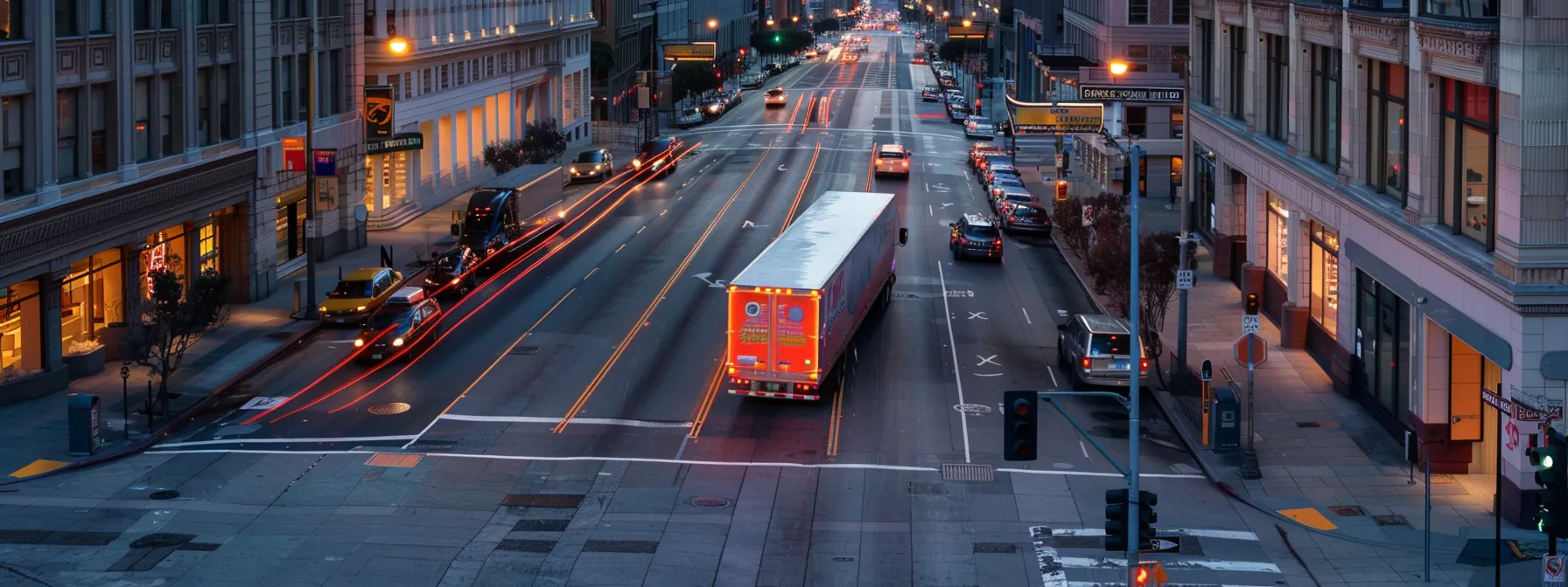 a moving truck navigating through the bustling streets of downtown san francisco, carefully maneuvering to find parking amidst the urban hustle and bustle.
