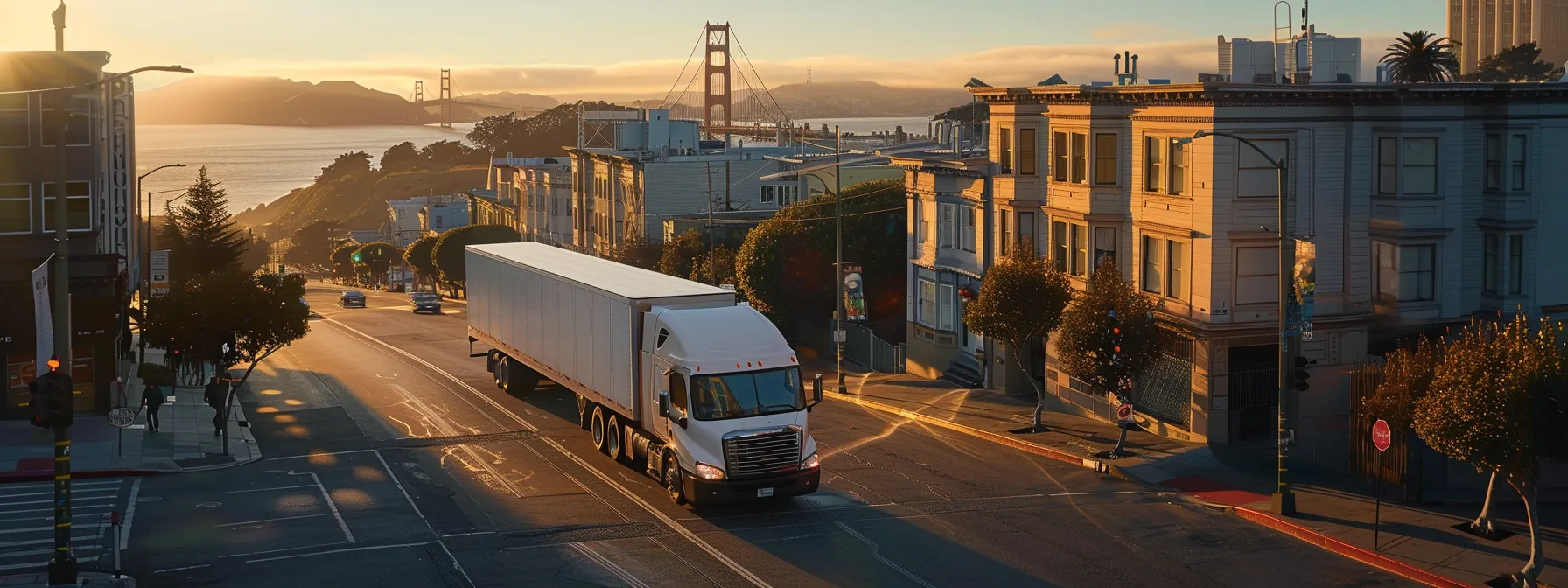 a moving truck navigating through the hilly streets of san francisco, with the iconic golden gate bridge in the background. a moving truck navigating through the hilly streets of san francisco, with the iconic golden gate bridge in the background.