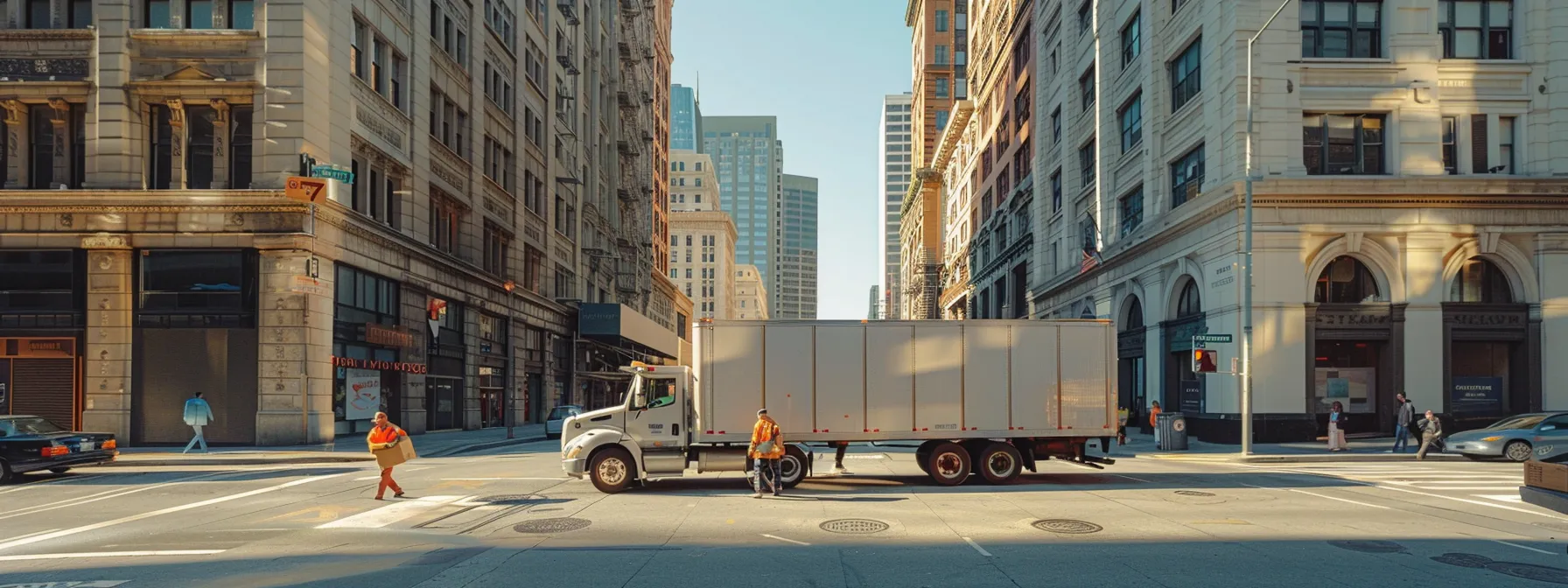 a moving truck parked in downtown san francisco, surrounded by tall buildings and bustling city streets, as movers carry boxes into a high-rise apartment building. a moving truck parked in downtown san francisco, surrounded by tall buildings and bustling city streets, as movers carry boxes into a high-rise apartment building.