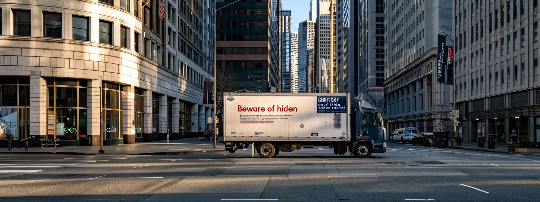 a moving truck parked in downtown san francisco, surrounded by skyscrapers, showcasing a clear sign stating a moving truck parked in downtown san francisco, surrounded by skyscrapers, showcasing a clear sign stating