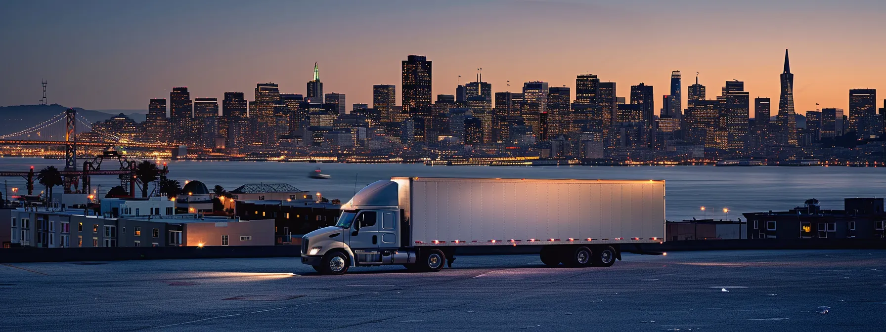 a moving truck parked in front of a san francisco skyline backdrop, showcasing cost-effective moving solutions in the city.