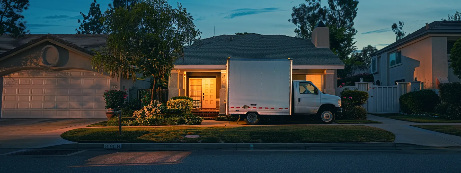 a moving truck parked in front of a suburban home in orange county, showcasing an insurance certificate on the dashboard. a moving truck parked in front of a suburban home in orange county, showcasing an insurance certificate on the dashboard.