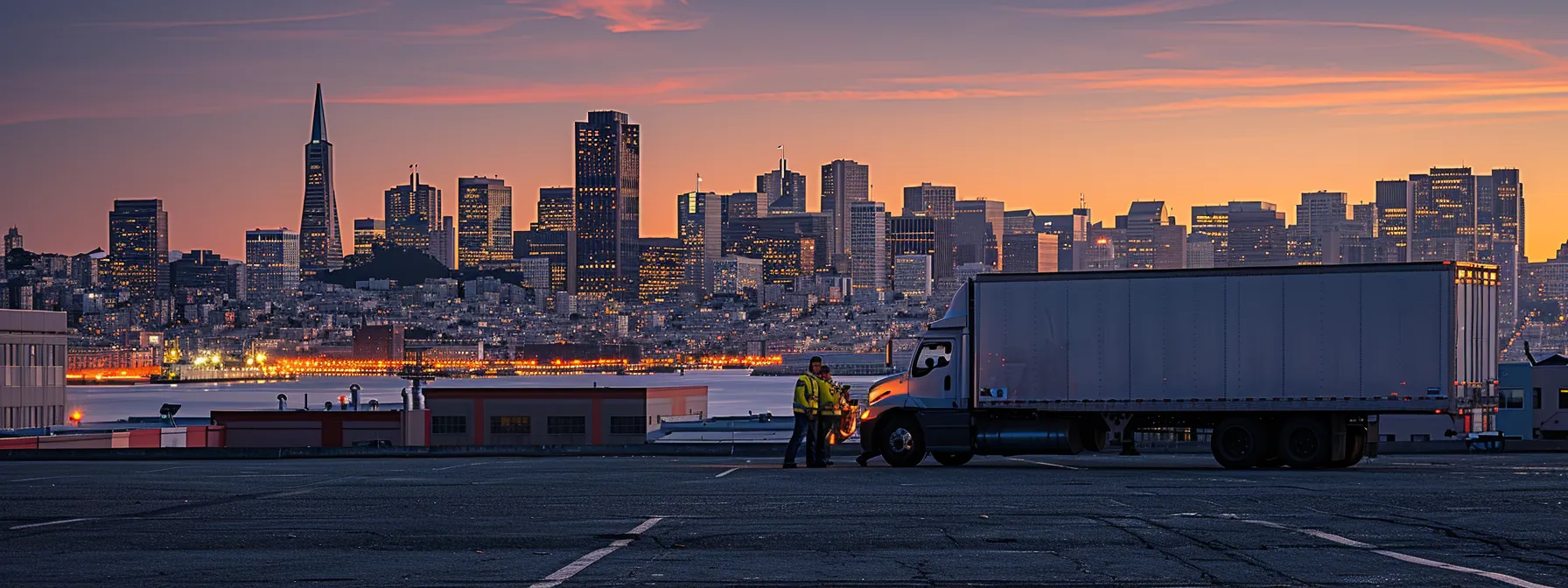 a moving truck parked in front of a san francisco skyline backdrop, with professional movers carefully wrapping fragile items for transport. a moving truck parked in front of a san francisco skyline backdrop, with professional movers carefully wrapping fragile items for transport.