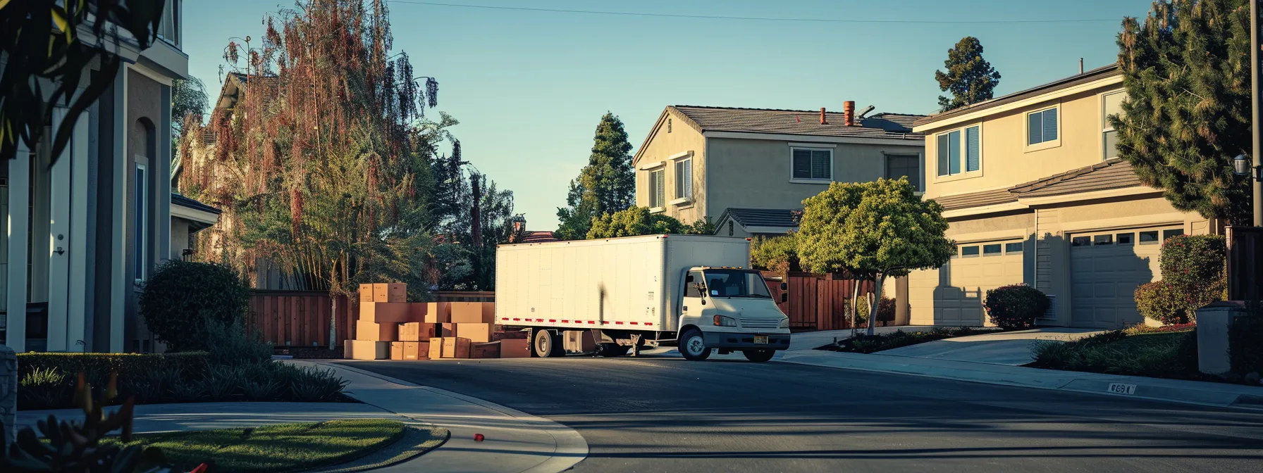 a moving truck parked in front of a suburban house, with boxes stacked high and a moving crew unloading belongings under a clear blue sky.