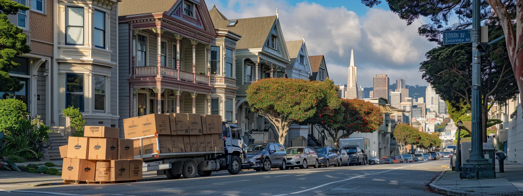a moving truck parked in front of a charming victorian house in san francisco, with boxes stacked neatly on the sidewalk and a bustling city street in the background. a moving truck parked in front of a charming victorian house in san francisco, with boxes stacked neatly on the sidewalk and a bustling city street in the background.