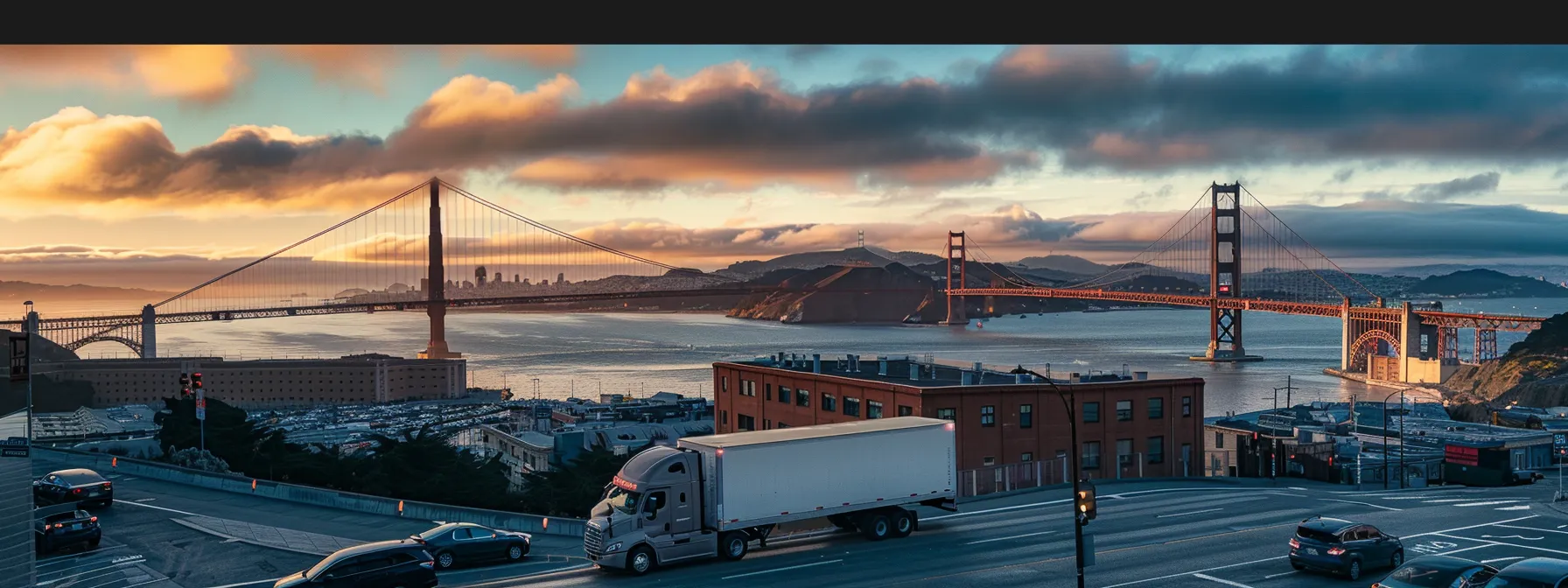 a moving truck parked in front of the iconic golden gate bridge in san francisco, showcasing the bustling cityscape as a backdrop. a moving truck parked in front of the iconic golden gate bridge in san francisco, showcasing the bustling cityscape as a backdrop.