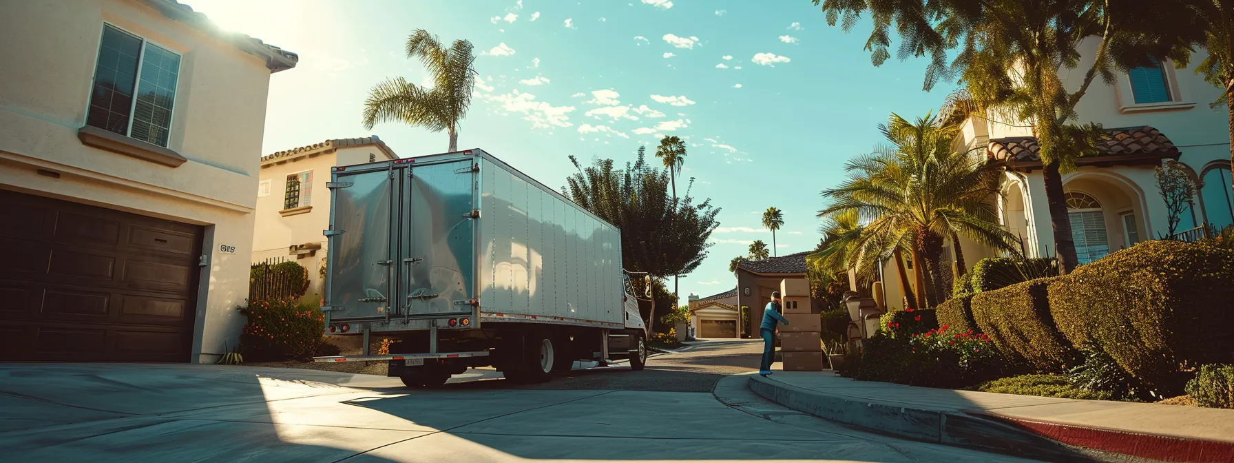 a moving truck parked in a sunny orange county neighborhood, with movers carrying boxes up a flight of stairs, showcasing a reliable local moving company in action.