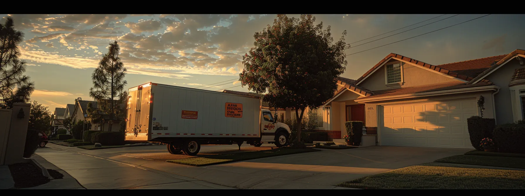 a moving truck parked in front of a house in irvine, ca, displaying valid licensing and insurance credentials.