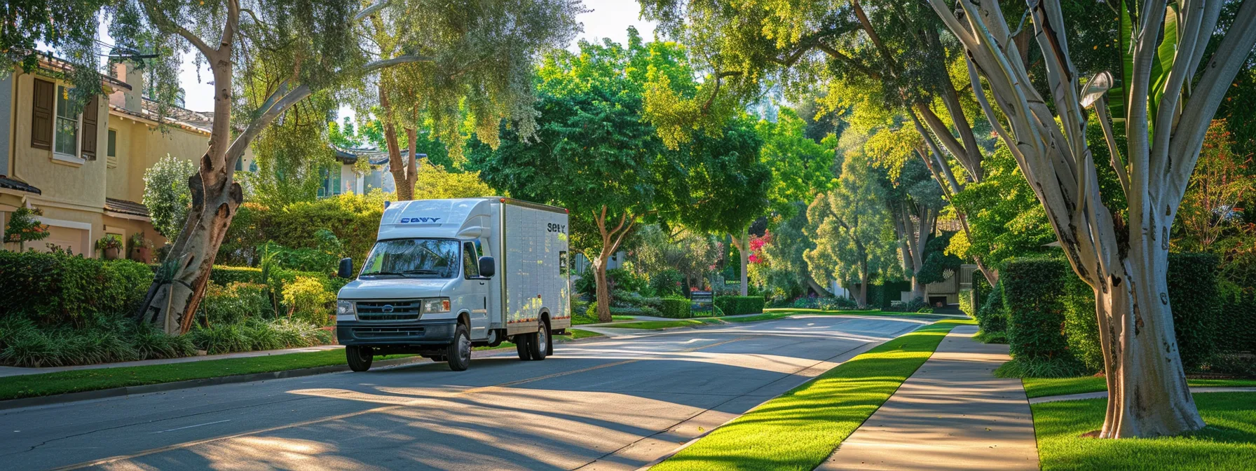 a moving truck parked in a lush, green neighborhood in orange county, showcasing eco-friendly moving company signage and certifications.