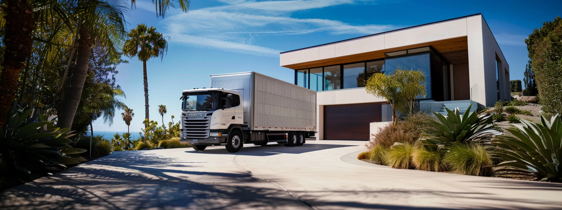 a moving truck parked in front of a modern house in irvine, ca, showcasing availability and scheduling flexibility. a moving truck parked in front of a modern house in irvine, ca, showcasing availability and scheduling flexibility.