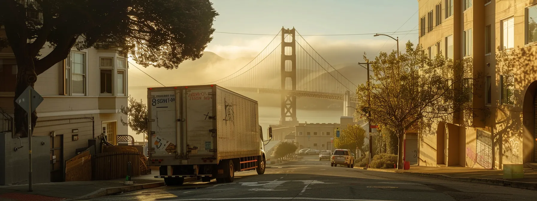 a moving truck parked on a hilly san francisco street, with movers carefully handling delicate furniture under the iconic fog-covered golden gate bridge in the background. a moving truck parked on a hilly san francisco street, with movers carefully handling delicate furniture under the iconic fog-covered golden gate bridge in the background.