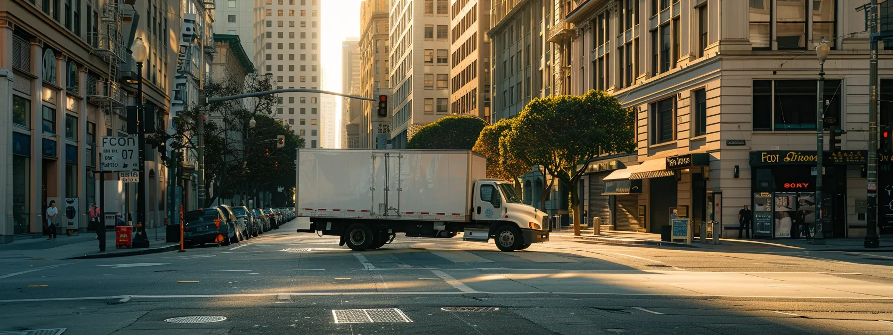 a moving truck parked on a san francisco street, surrounded by tall urban buildings under the bright sunlight, showcasing the importance of understanding local regulations for a successful relocation process.