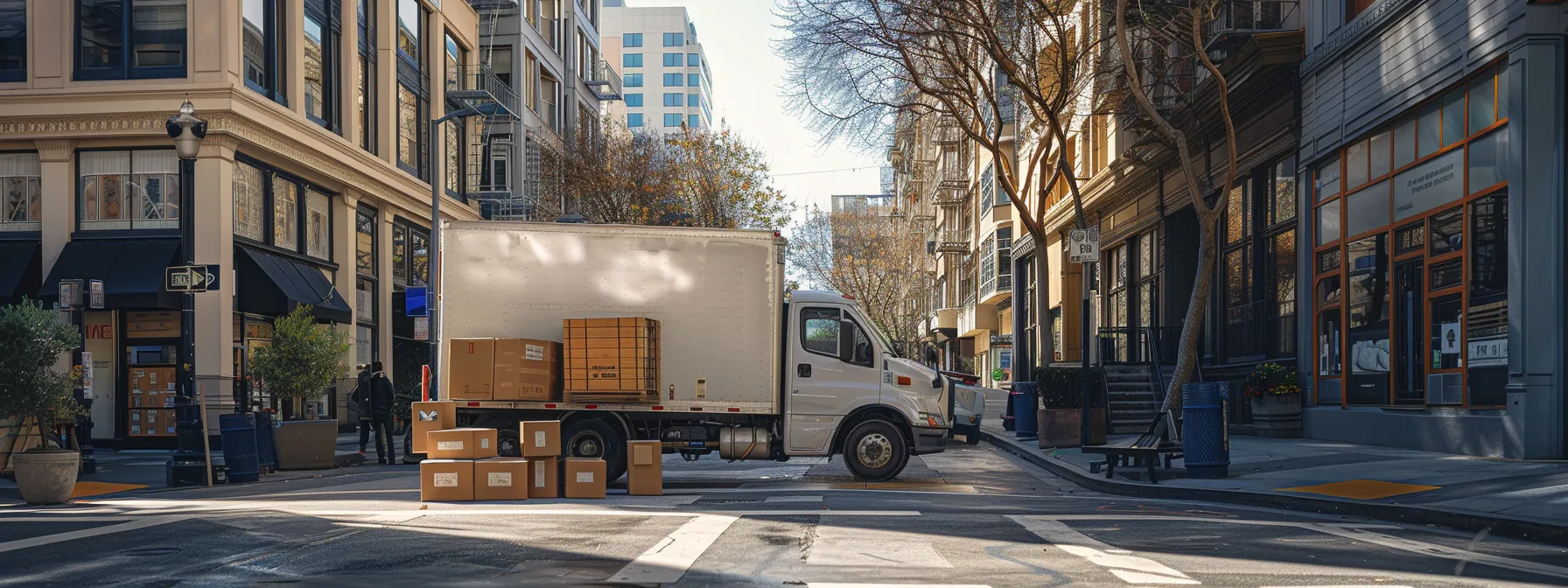 a moving truck parked on a bustling san francisco street, filled with furniture and boxes, symbolizing the factors affecting interstate moving costs. a moving truck parked on a bustling san francisco street, filled with furniture and boxes, symbolizing the factors affecting interstate moving costs.