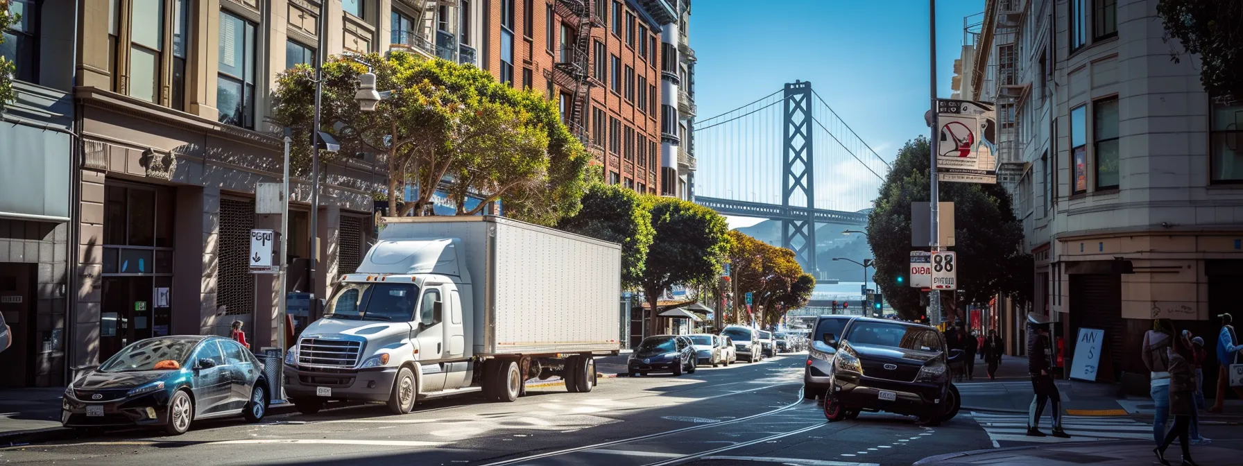 a moving truck parked on a bustling street in downtown san francisco, with the iconic golden gate bridge faintly visible in the background. a moving truck parked on a bustling street in downtown san francisco, with the iconic golden gate bridge faintly visible in the background.