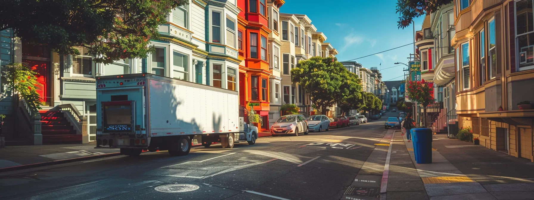 a moving truck parked on a san francisco street, surrounded by colorful victorian houses and bustling cafes, with a person holding a cup of blue bottle coffee in hand. a moving truck parked on a san francisco street, surrounded by colorful victorian houses and bustling cafes, with a person holding a cup of blue bottle coffee in hand.
